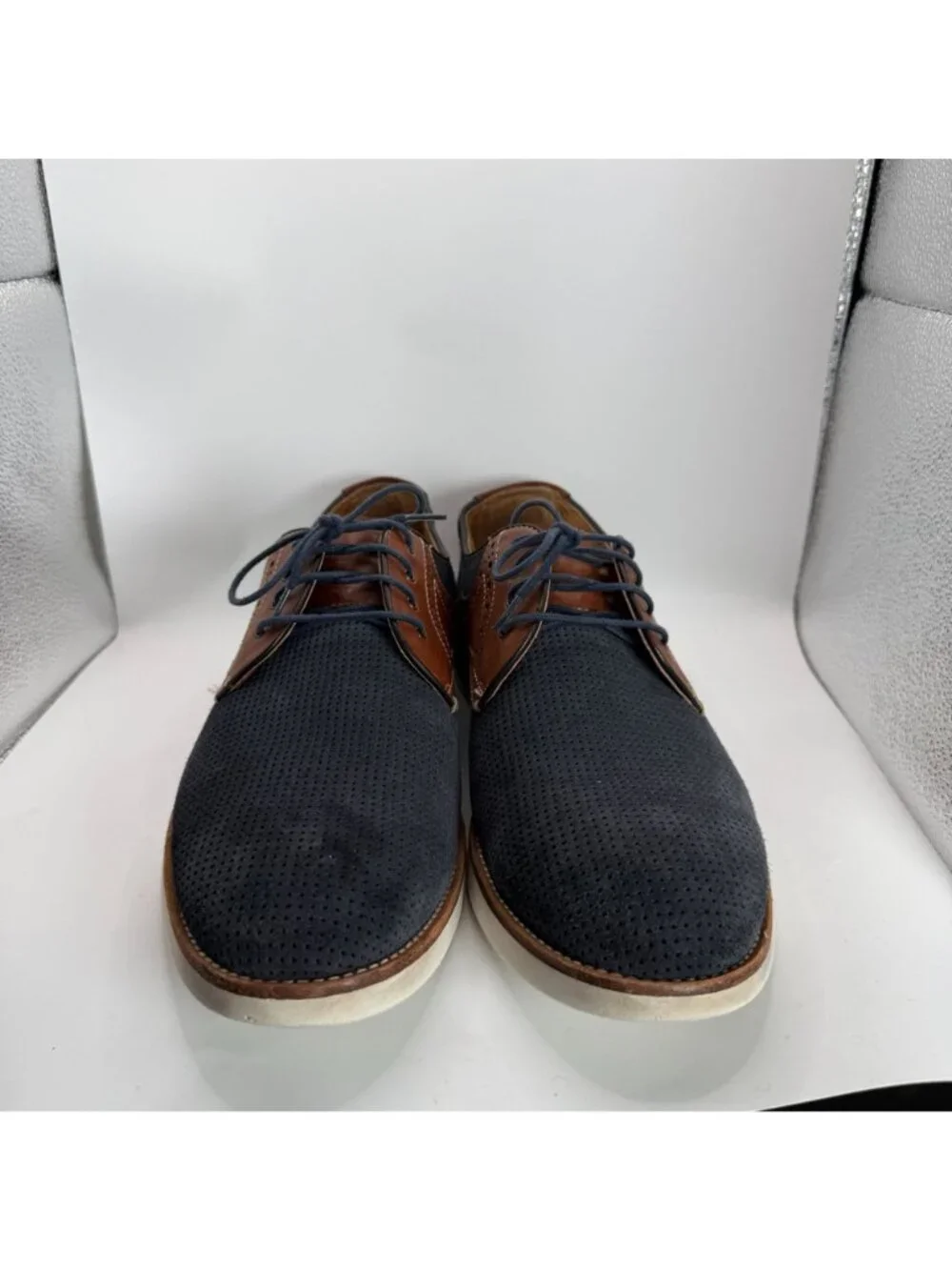 Johnston & Murphy Navy Brown Perforated Leather Sheepskin Oxford Mens Shoes 11.5